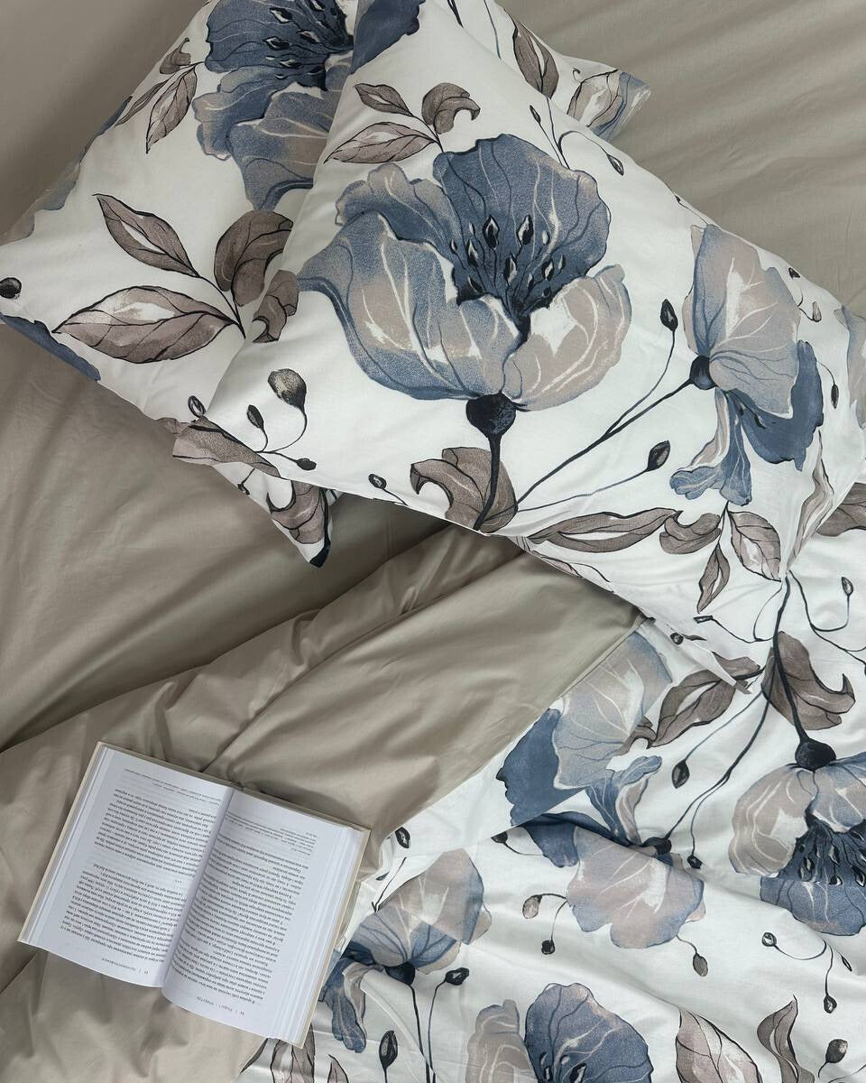 Premium Ranforce Cotton Bedding Set – Silver Blue Blossom