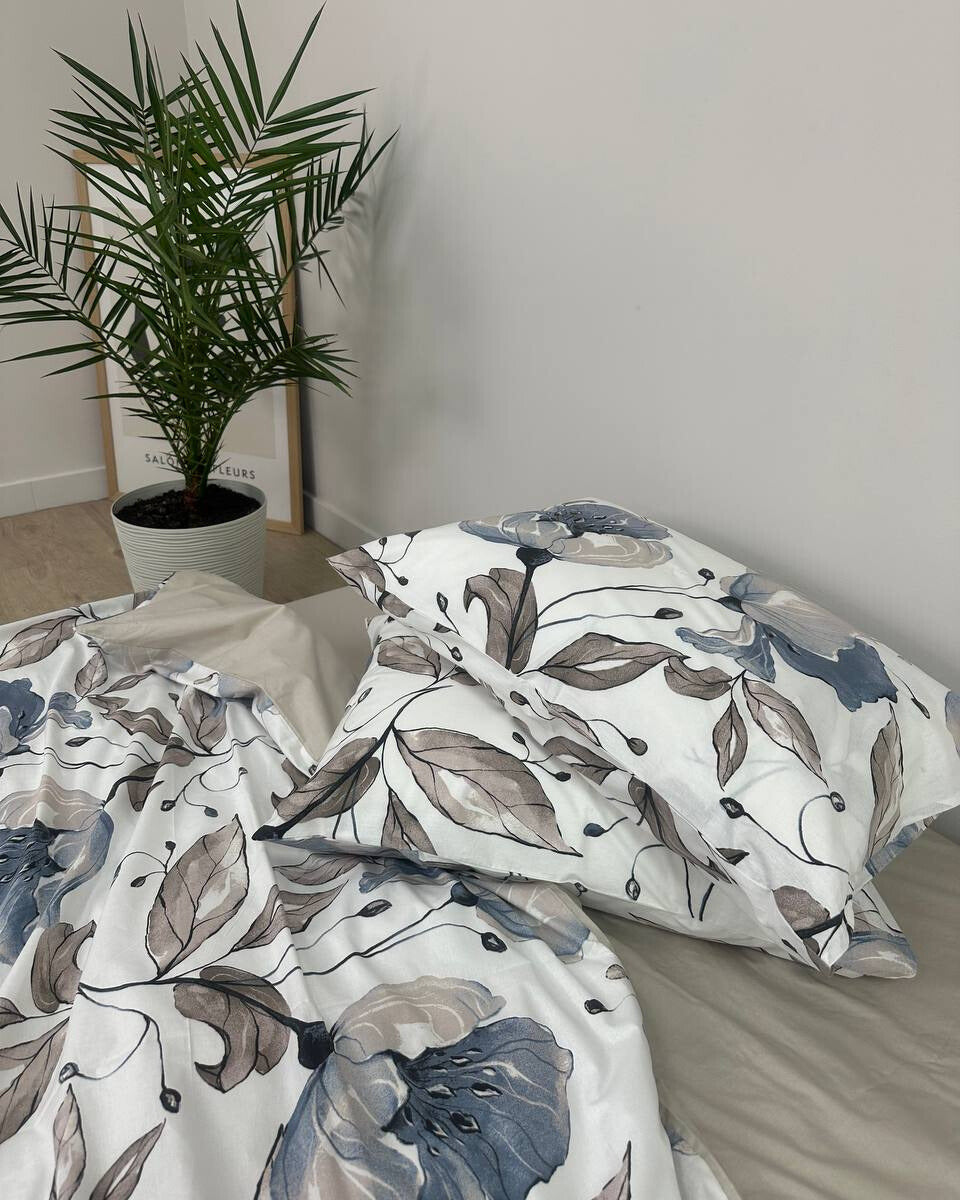 Premium Ranforce Cotton Bedding Set – Silver Blue Blossom