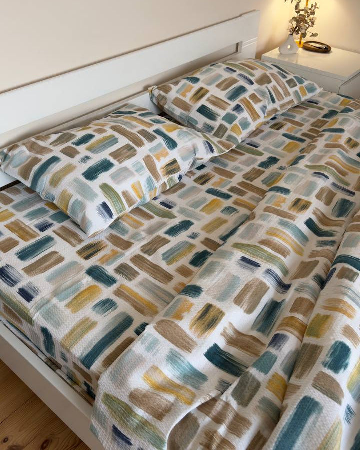 Premium Seersucker Cotton Bedding Set – Brushstroke Multicolor