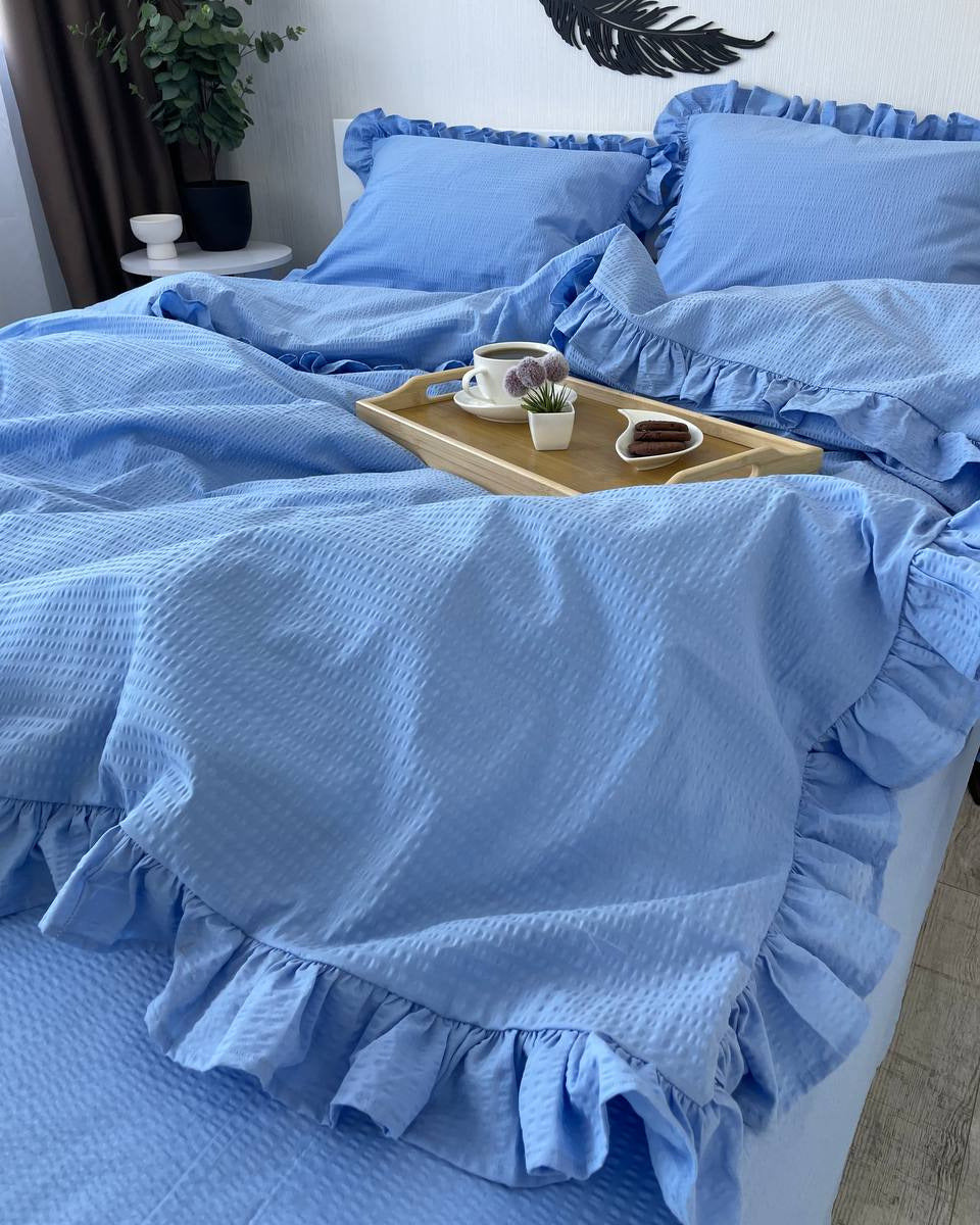 Seersucker Ruffle Cotton Bedding Set — Blue Serenity
