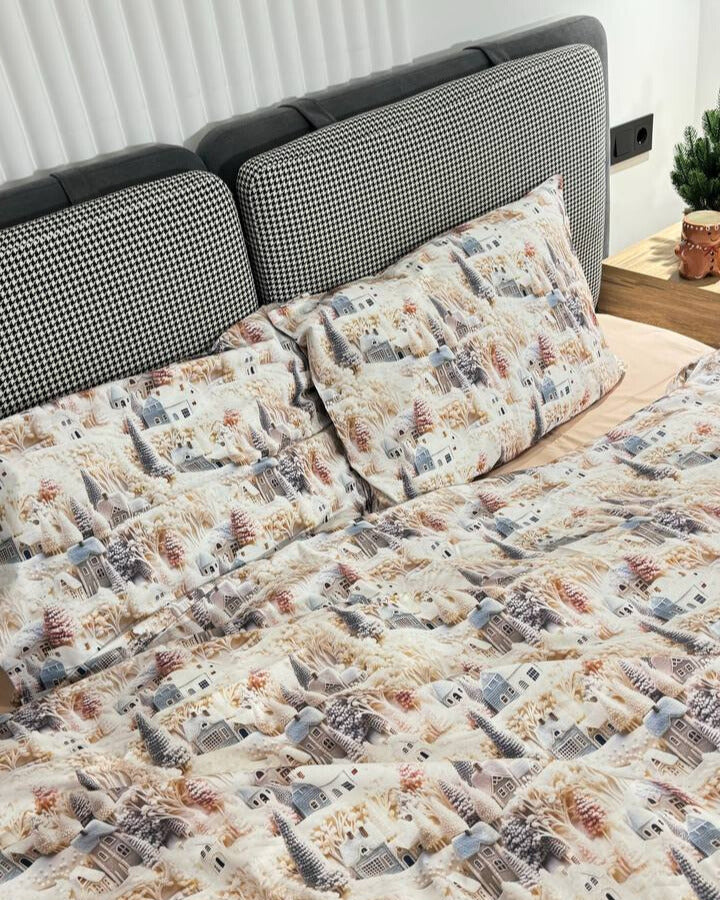 Premium Ranforce Cotton Bedding Set – Snowy Village Magic