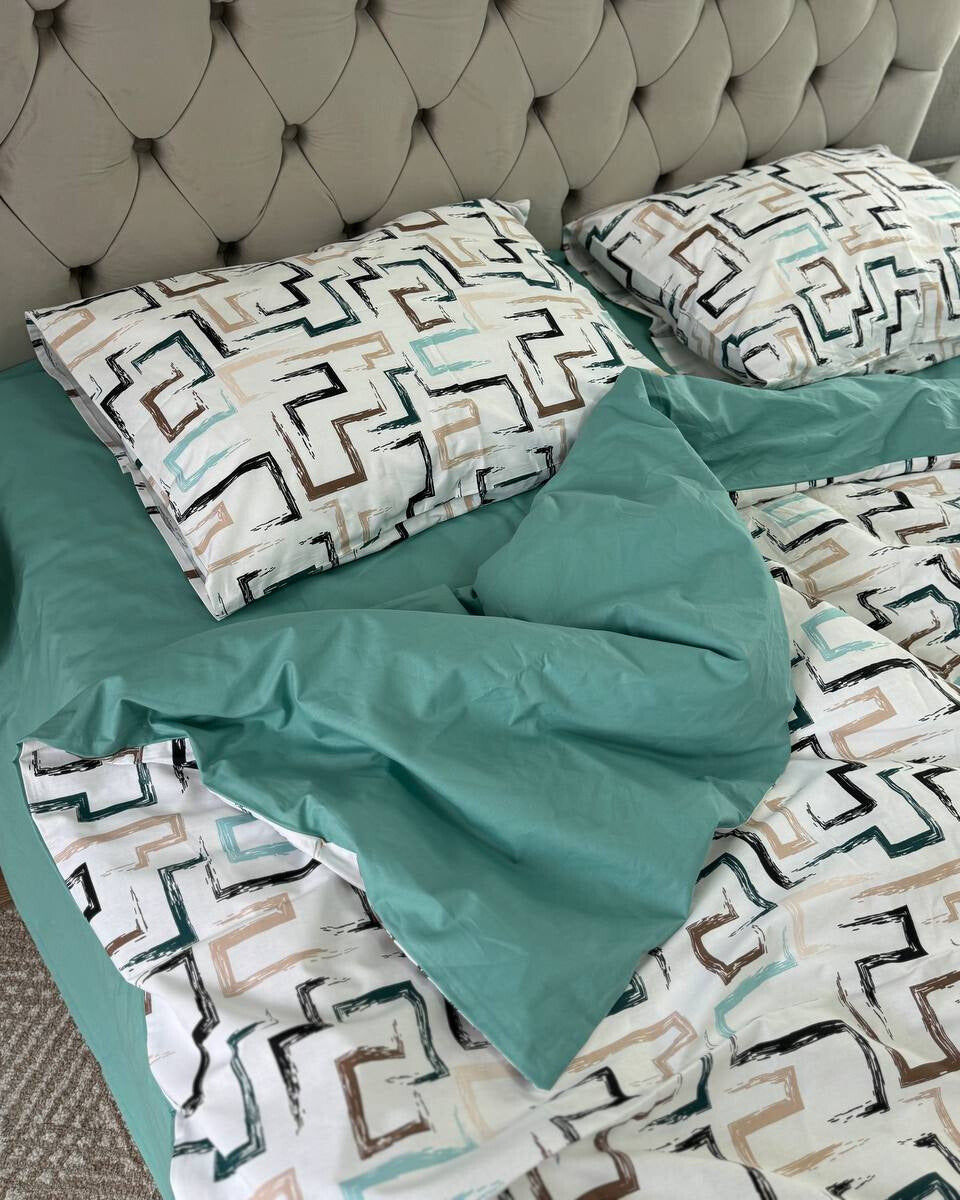 Premium Ranforce Cotton Bedding Set – Mint Geometry