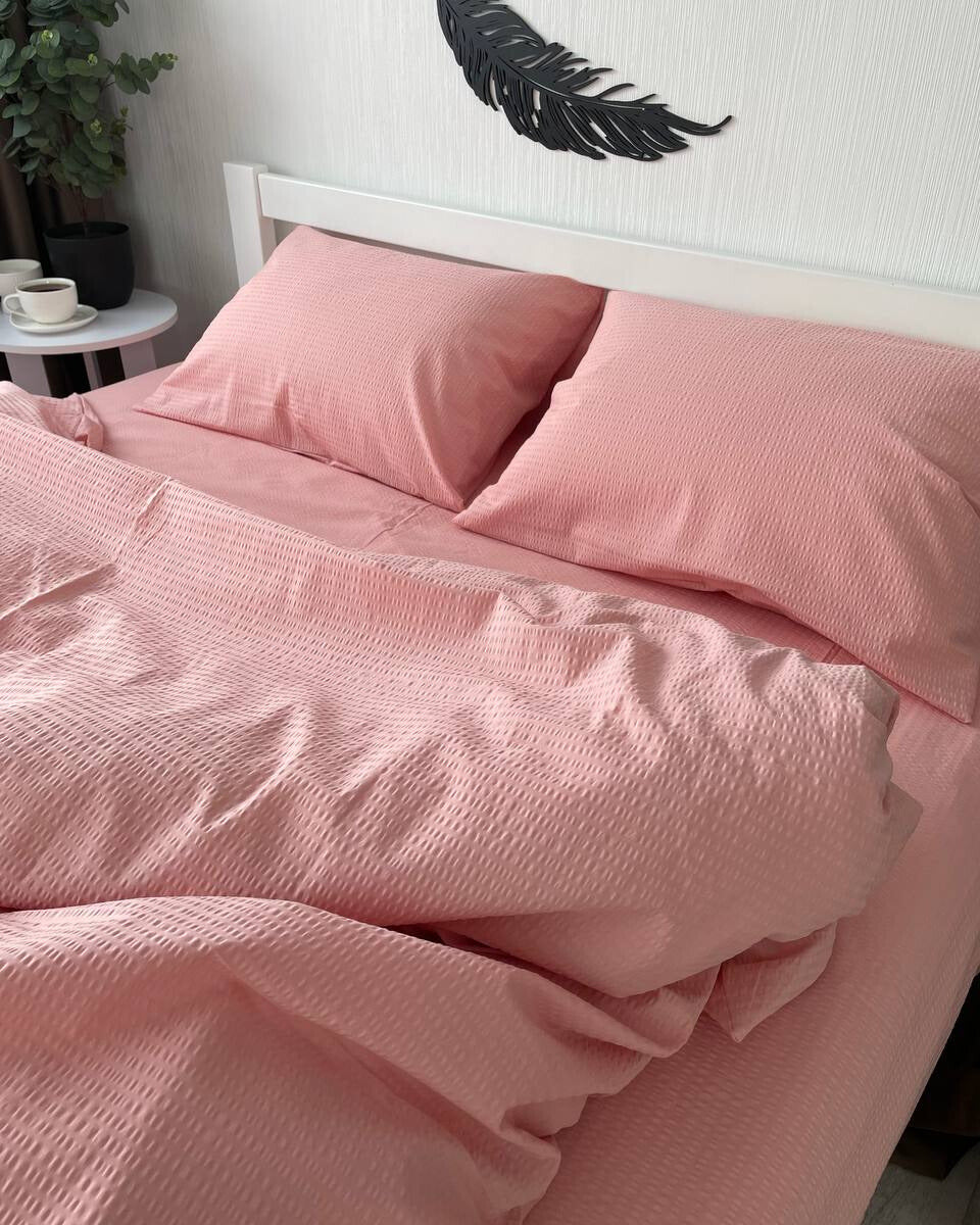 Premium Seersucker Cotton Bedding Set – Pink Blush