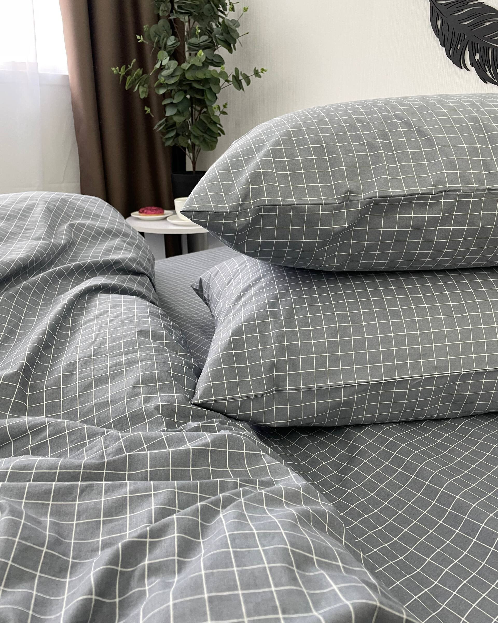 Premium Ranforce Cotton Bedding Set – Grey Grid