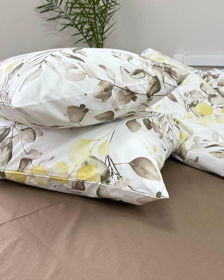 Premium Ranforce Cotton Bedding Set – Yellow & Taupe Botanical