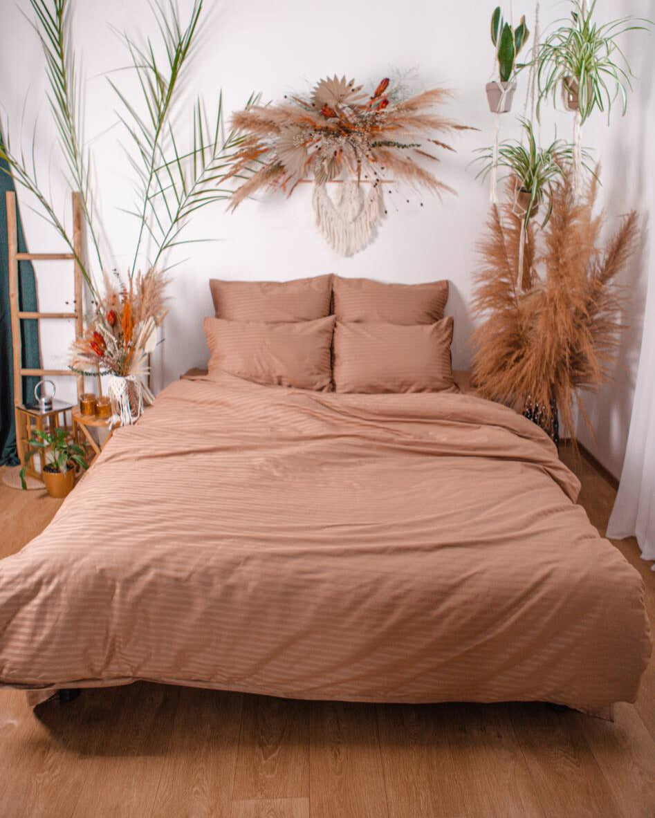 Premium Striped Sateen Cotton Bedding Set – Warm Mocha
