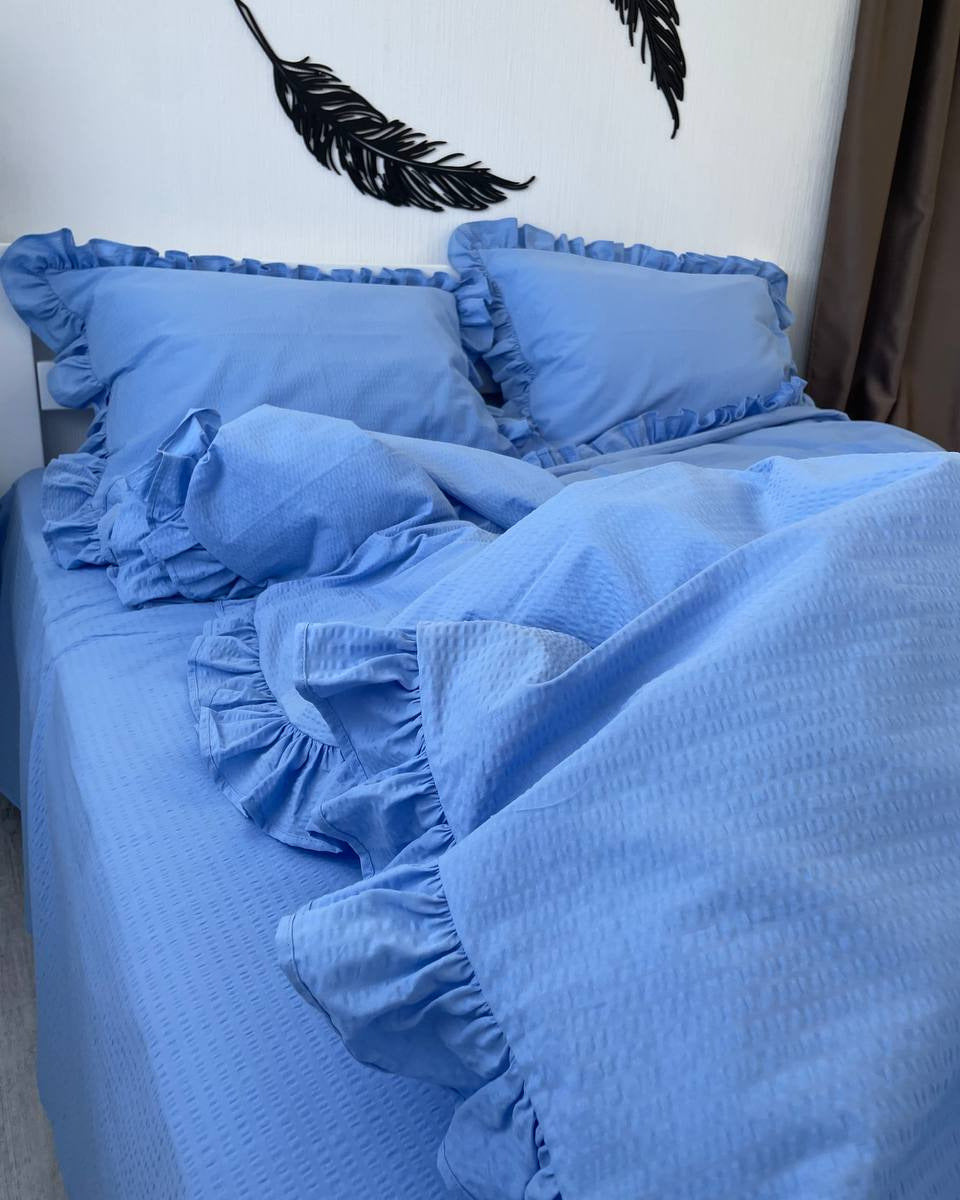 Seersucker Ruffle Cotton Bedding Set — Blue Serenity