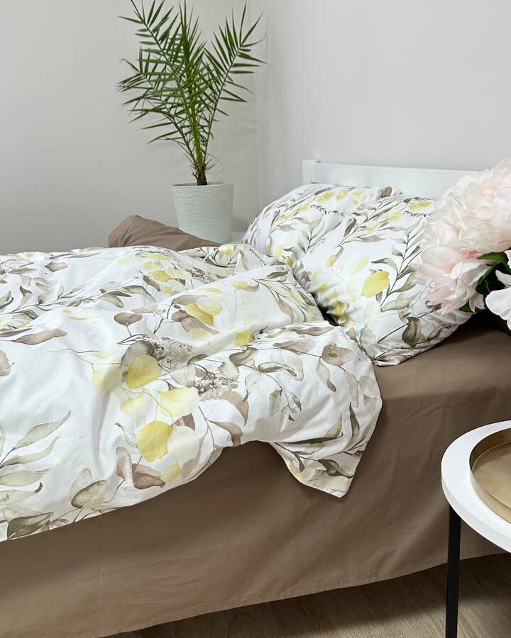 Premium Ranforce Cotton Bedding Set – Yellow & Taupe Botanical