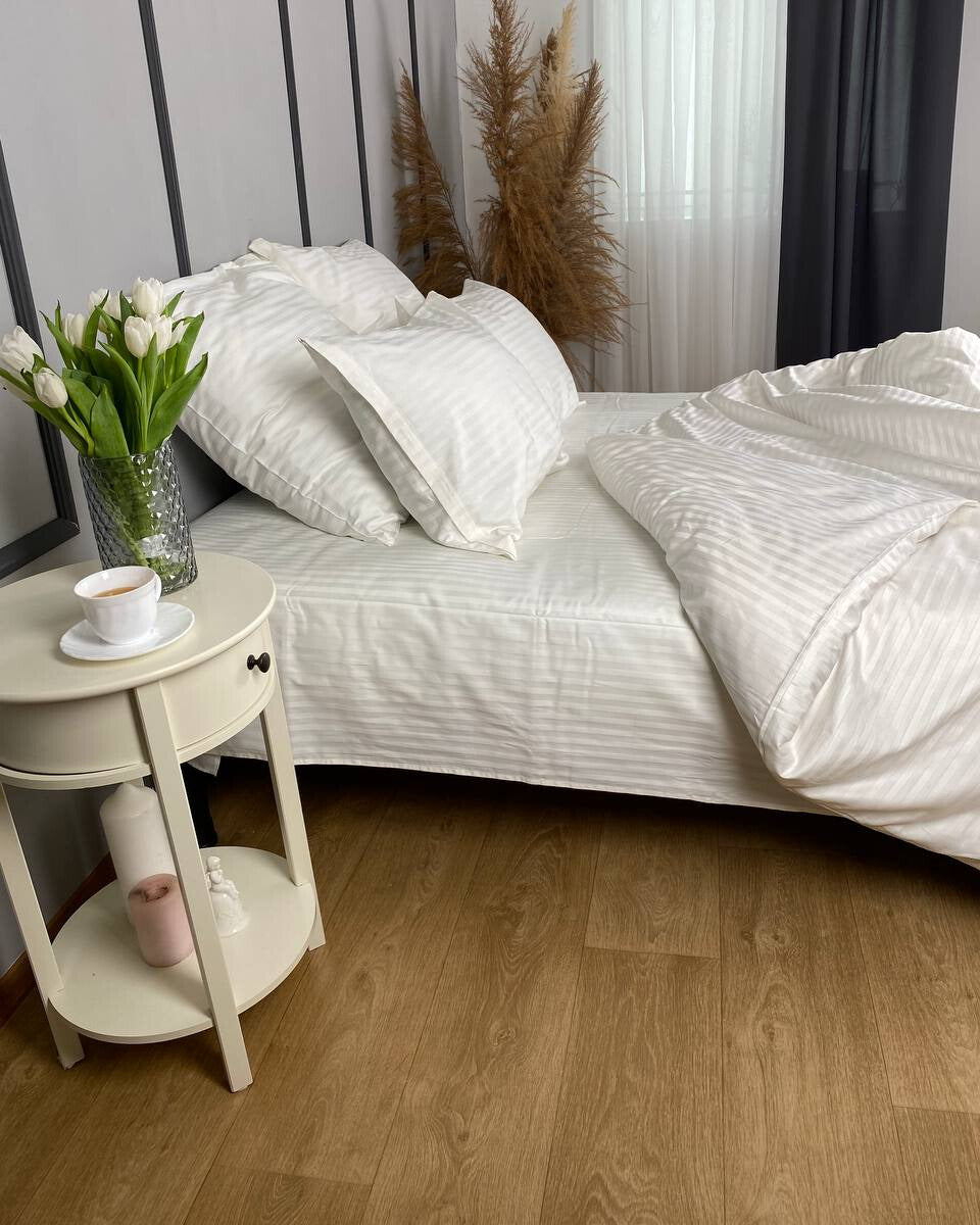 Premium Striped Sateen Cotton Bedding Set – Ivory