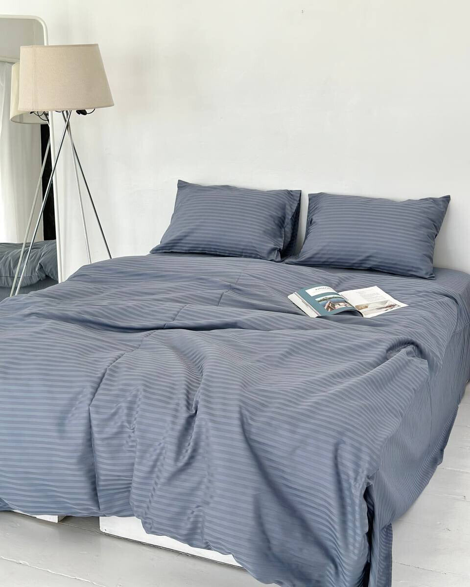 Premium Striped Sateen Cotton Bedding Set – Steel Mist