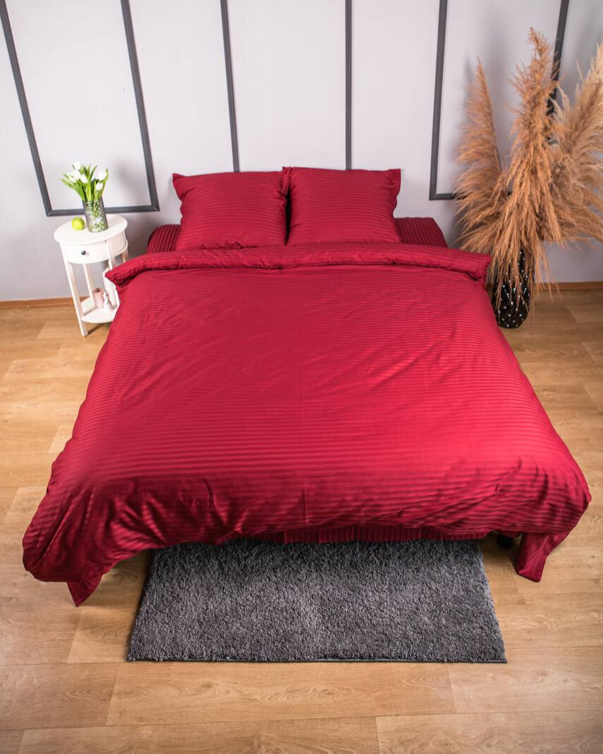 Premium Striped Sateen Cotton Bedding Set – Burgundy Red