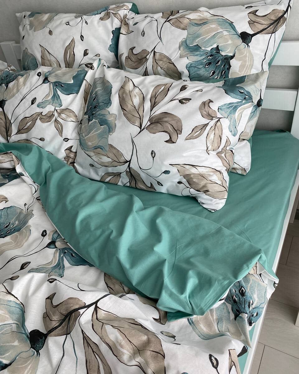 Premium Ranforce Cotton Bedding Set – Aqua & Beige Floral