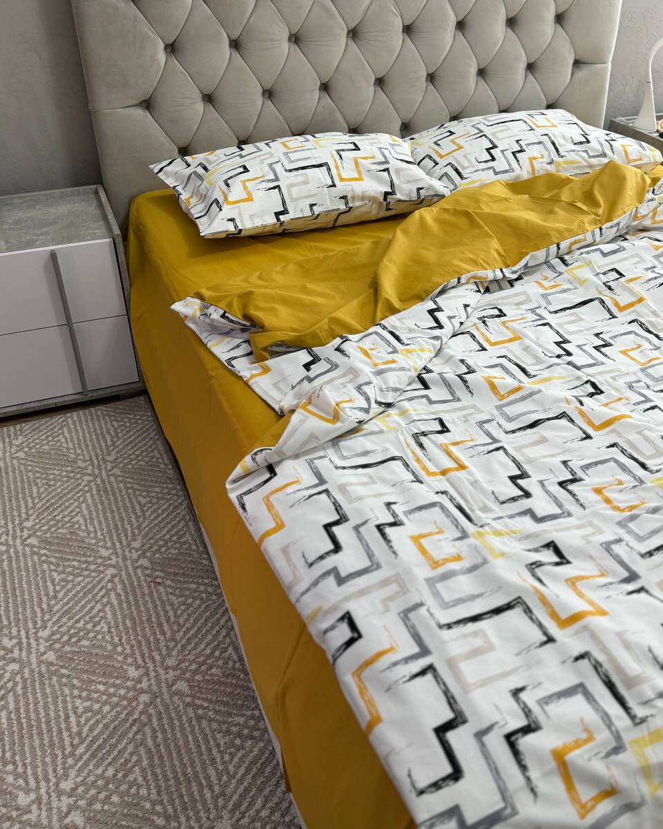 Premium Ranforce Cotton Bedding Set – Mustard Geometry