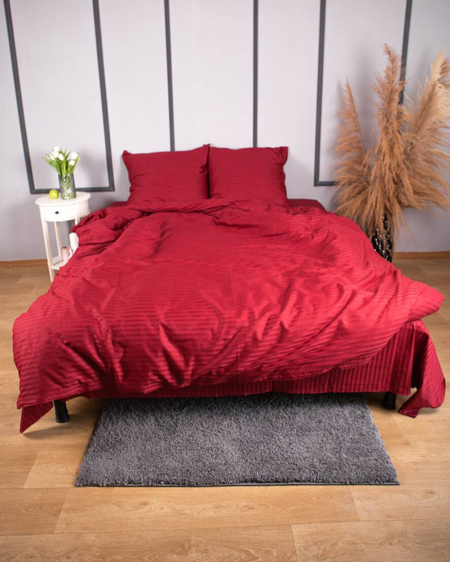 Premium Striped Sateen Cotton Bedding Set – Burgundy Red