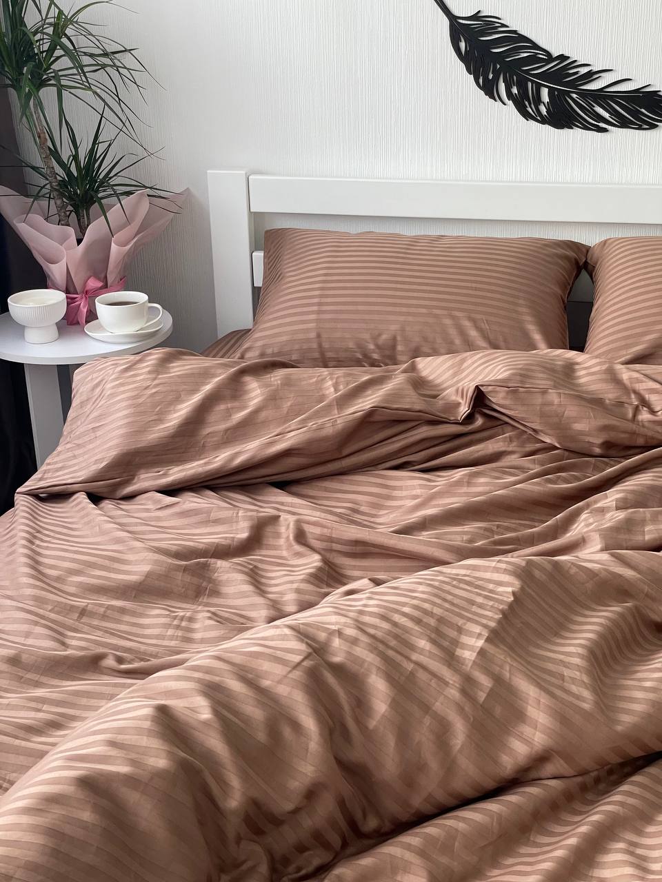 Premium Striped Sateen Cotton Bedding Set – Warm Beige