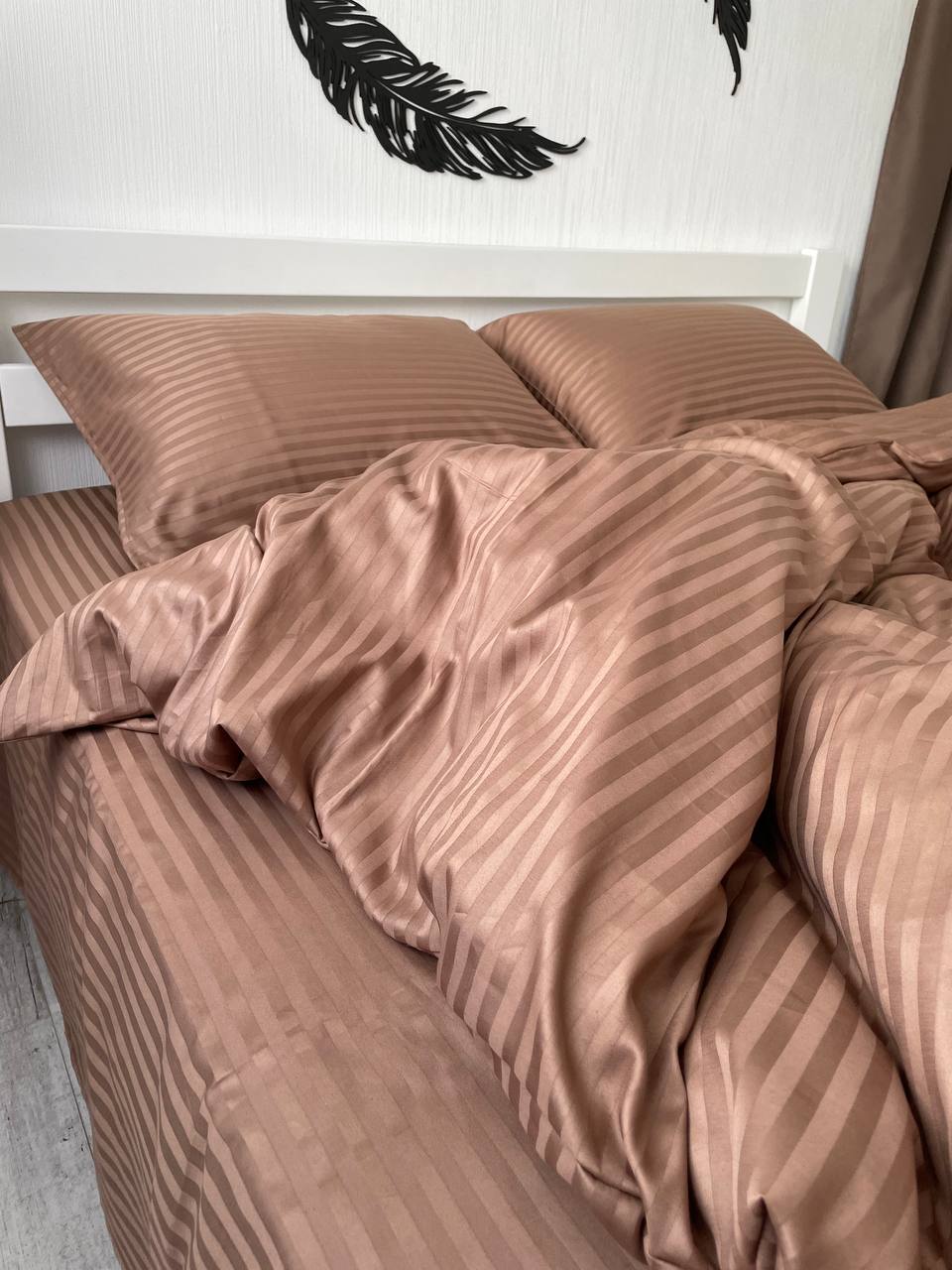 Premium Striped Sateen Cotton Bedding Set – Warm Beige