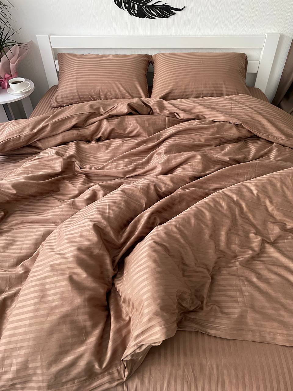 Premium Striped Sateen Cotton Bedding Set – Warm Beige